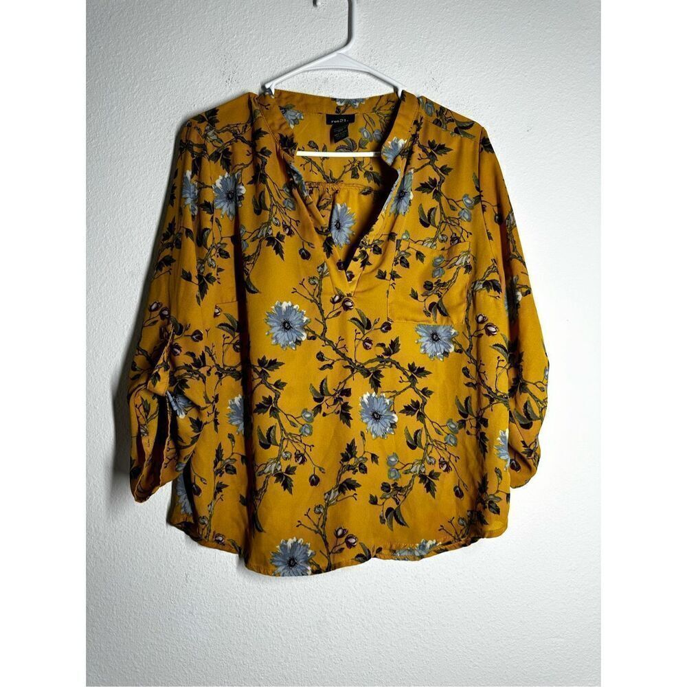 Rue 21 Bohemian Floral Print Blouse Vneck Long Sleeve Size L